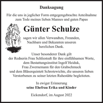 Traueranzeige von Günter Schulze  von Magdeburger Volksstimme