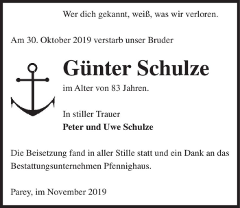 Traueranzeige von Günter Schulze  von Magdeburger Volksstimme