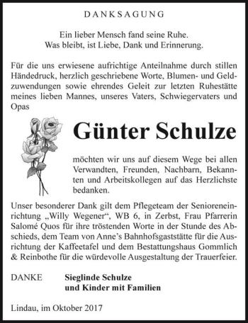Traueranzeige von Günter Schulze  von Magdeburger Volksstimme
