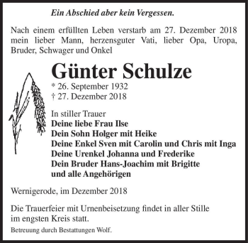 Traueranzeige von Günter Schulze  von Magdeburger Volksstimme