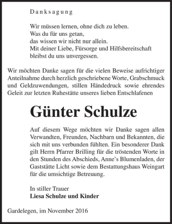 Traueranzeige von Günter Schulze  von Magdeburger Volksstimme