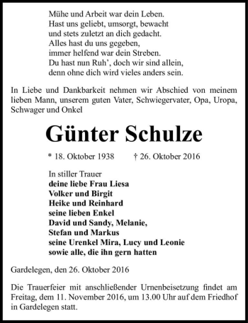 Traueranzeige von Günter Schulze  von Magdeburger Volksstimme