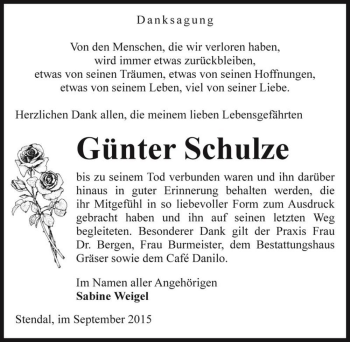 Traueranzeige von Günter Schulze  von Magdeburger Volksstimme