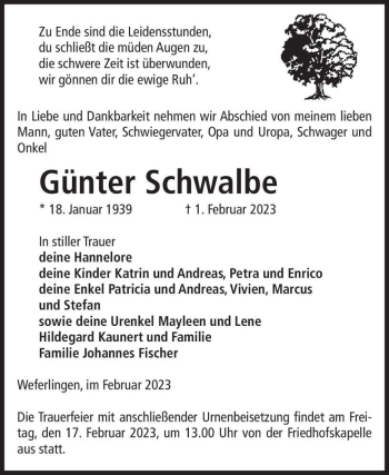 Traueranzeige von Günter Schwalbe  von Magdeburger Volksstimme
