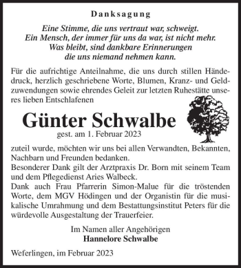 Traueranzeige von Günter Schwalbe  von Magdeburger Volksstimme
