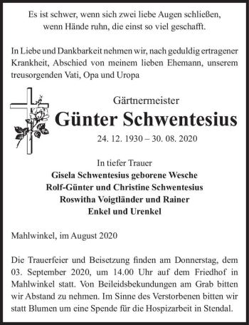 Traueranzeige von Günter Schwentesius  von Magdeburger Volksstimme
