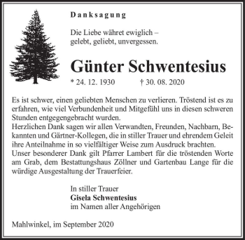 Traueranzeige von Günter Schwentesius  von Magdeburger Volksstimme
