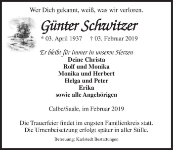 Traueranzeige von Günter Schwitzer  von Magdeburger Volksstimme