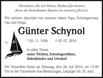 Traueranzeige von Günter Schynol  von Magdeburger Volksstimme