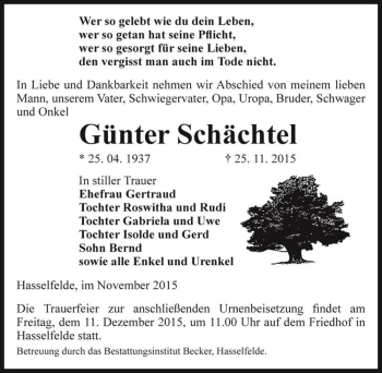 Traueranzeige von Günter Schächtel  von Magdeburger Volksstimme
