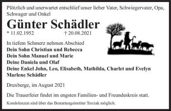 Traueranzeige von Günter Schädler  von Magdeburger Volksstimme