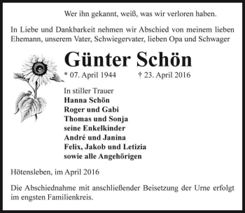 Traueranzeige von Günter Schön  von Magdeburger Volksstimme