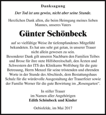 Traueranzeige von Günter Schönbeck  von Magdeburger Volksstimme