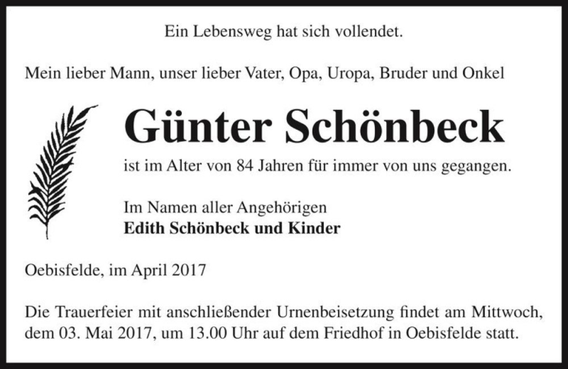 Traueranzeige für Günter Schönbeck  vom 15.04.2017 aus Magdeburger Volksstimme