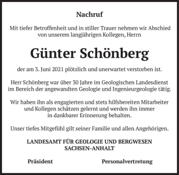Traueranzeige von Günter Schönberg  von Magdeburger Volksstimme