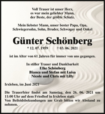 Traueranzeige von Günter Schönberg  von Magdeburger Volksstimme