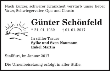 Traueranzeige von Günter Schönfeld  von Magdeburger Volksstimme