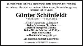 Traueranzeige von Günter Schönfeldt  von Magdeburger Volksstimme