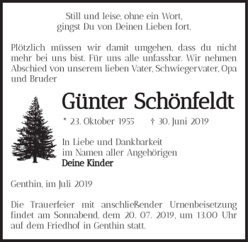 Traueranzeige von Günter Schönfeldt  von Magdeburger Volksstimme