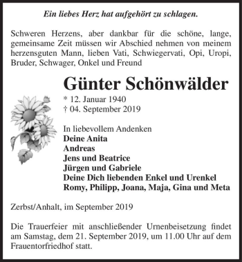 Traueranzeige von Günter Schönwälder  von Magdeburger Volksstimme