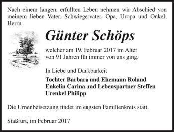 Traueranzeige von Günter Schöps  von Magdeburger Volksstimme