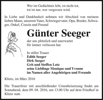 Traueranzeige von Günter Seeger  von Magdeburger Volksstimme