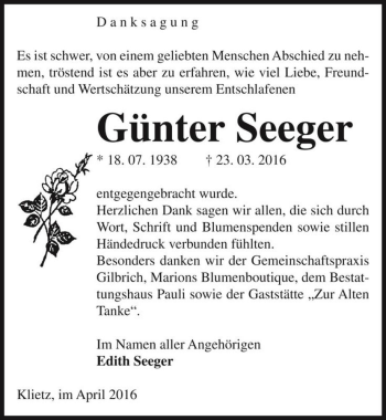 Traueranzeige von Günter Seeger  von Magdeburger Volksstimme