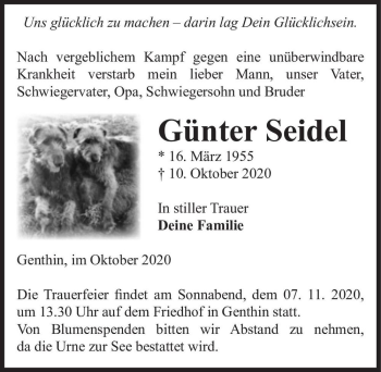 Traueranzeige von Günter Seidel  von Magdeburger Volksstimme