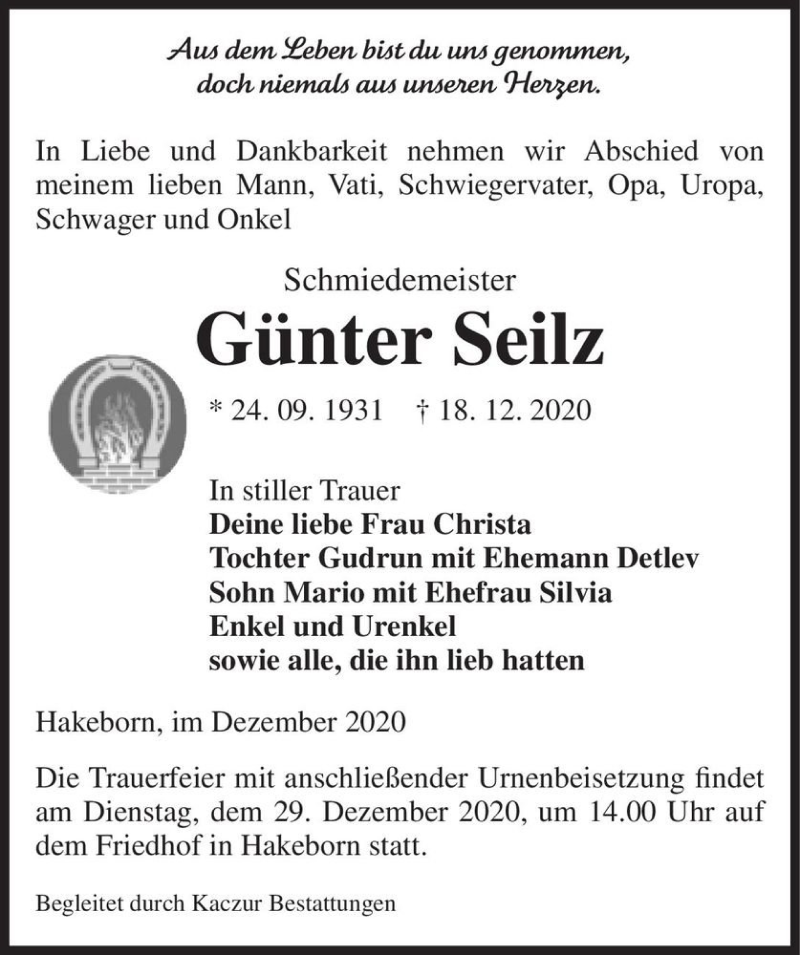  Traueranzeige für Günter Seilz  vom 22.12.2020 aus Magdeburger Volksstimme