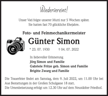 Traueranzeige von Günter Simon  von Magdeburger Volksstimme