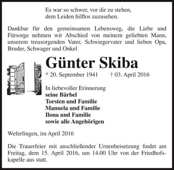 Traueranzeige von Günter Skiba  von Magdeburger Volksstimme