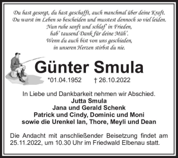 Traueranzeige von Günter Smula  von Magdeburger Volksstimme
