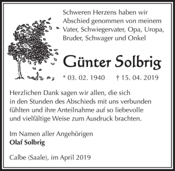Traueranzeige von Günter Solbrig  von Magdeburger Volksstimme