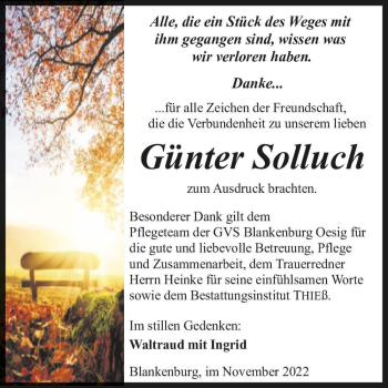 Traueranzeige von Günter Solluch  von Magdeburger Volksstimme