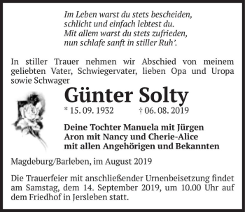 Traueranzeige von Günter Solty  von Magdeburger Volksstimme