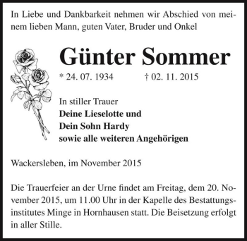 Traueranzeige von Günter Sommer  von Magdeburger Volksstimme