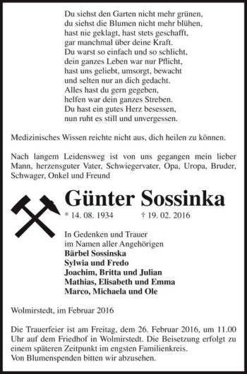 Traueranzeige von Günter Sossinka  von Magdeburger Volksstimme