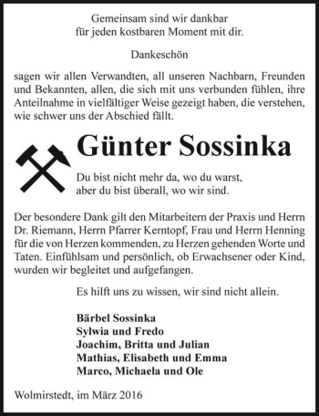 Traueranzeige von Günter Sossinka  von Magdeburger Volksstimme
