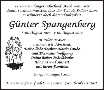 Traueranzeige von Günter Spangenberg  von Magdeburger Volksstimme