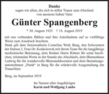 Traueranzeige von Günter Spangenberg  von Magdeburger Volksstimme