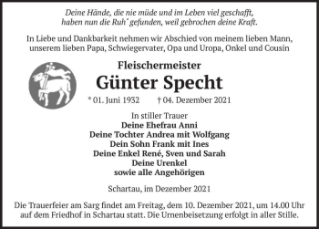 Traueranzeige von Günter Specht  von Magdeburger Volksstimme