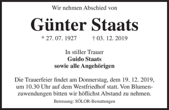 Traueranzeige von Günter Staats  von Magdeburger Volksstimme