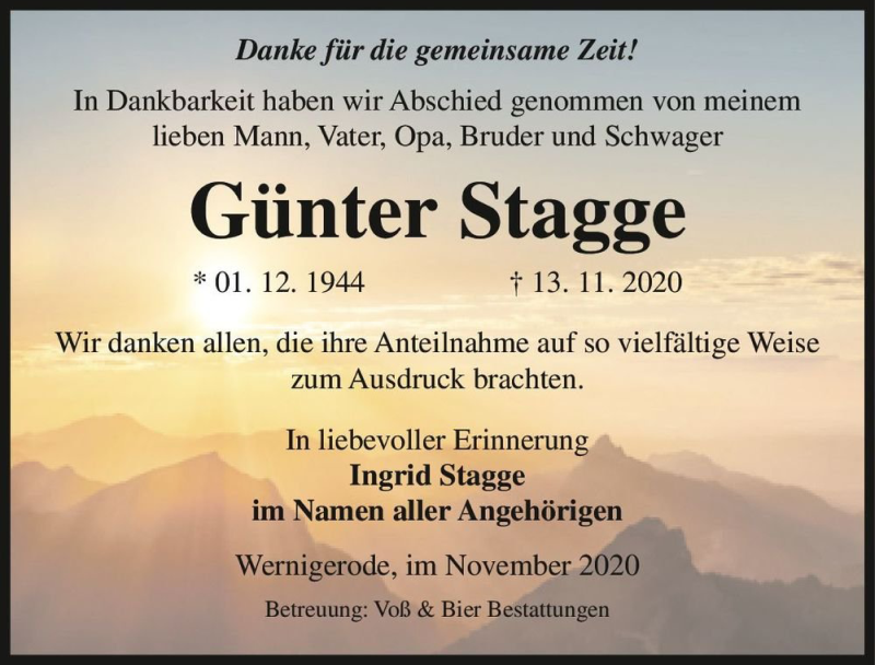  Traueranzeige für Günter Stagge  vom 28.11.2020 aus Magdeburger Volksstimme