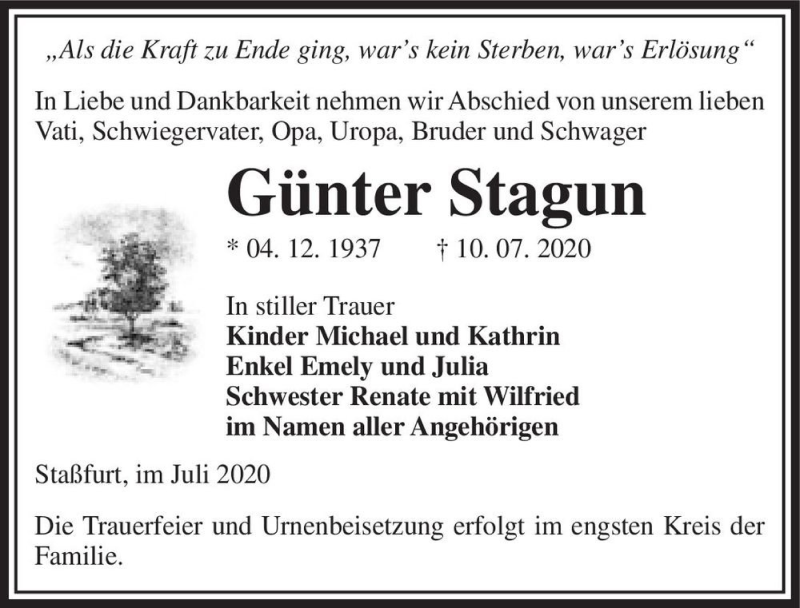 Traueranzeige für Günter Stagun  vom 18.07.2020 aus Magdeburger Volksstimme