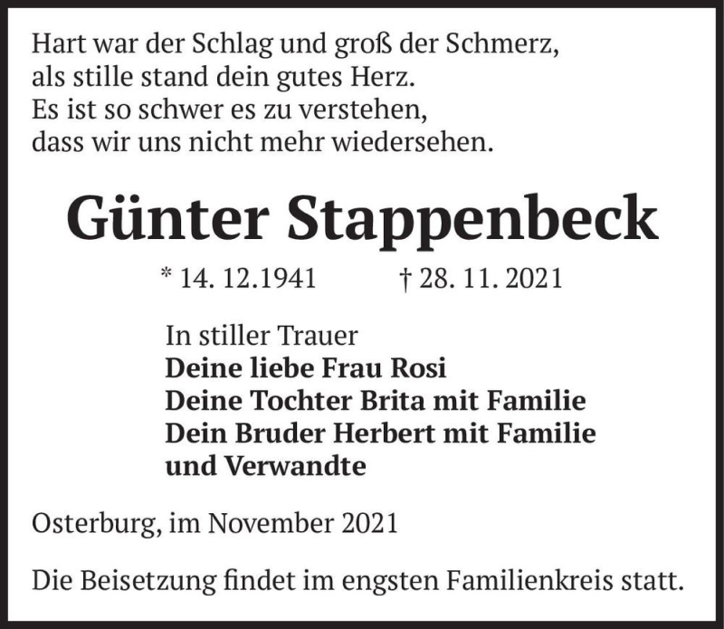  Traueranzeige für Günter Stappenbeck  vom 04.12.2021 aus Magdeburger Volksstimme