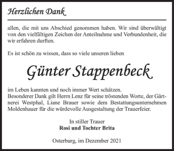 Traueranzeige von Günter Stappenbeck  von Magdeburger Volksstimme