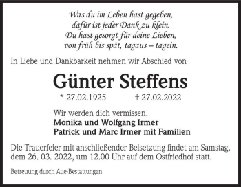 Traueranzeige von Günter Steffens  von Magdeburger Volksstimme