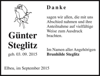 Traueranzeige von Günter Steglitz  von Magdeburger Volksstimme