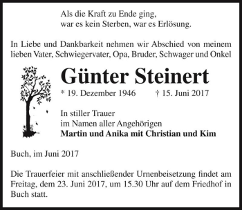 Traueranzeige von Günter Steinert  von Magdeburger Volksstimme