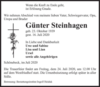 Traueranzeige von Günter Steinhagen  von Magdeburger Volksstimme